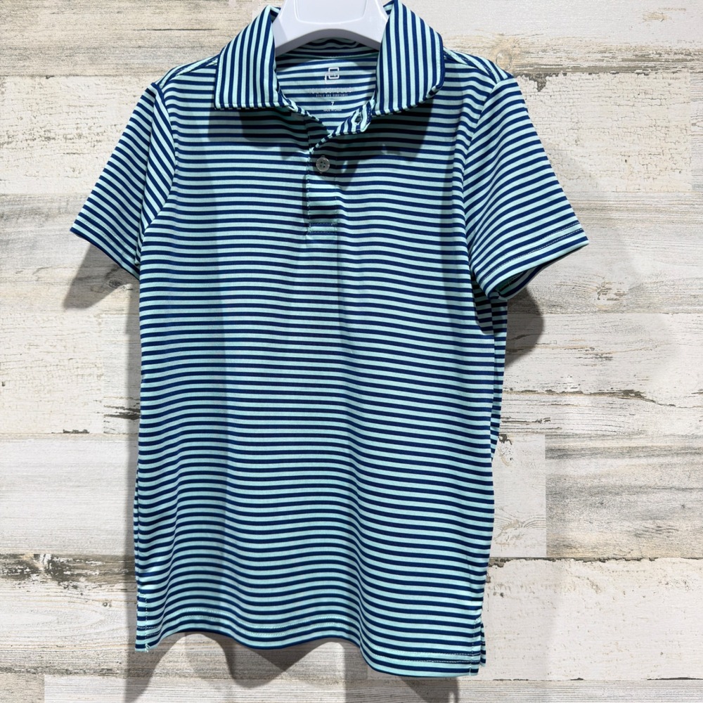 Class Club Polo Shirt Boys Size 7 Blue Striped Performance Preppy EUC